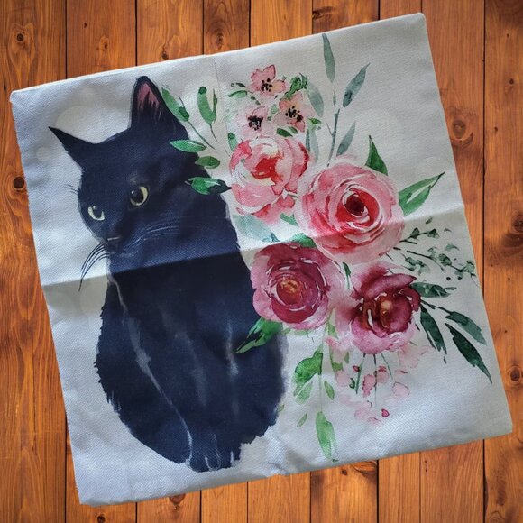 Black Cat Pillow Cover Decorative Throw Case Floral Decor Sofa Couch Accent 18" - Picture 4 of 6